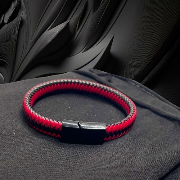 Men’s Braided Leather Bracelet l Magnetic Closure l Red/Black & Black l New - Picture 6 of 6